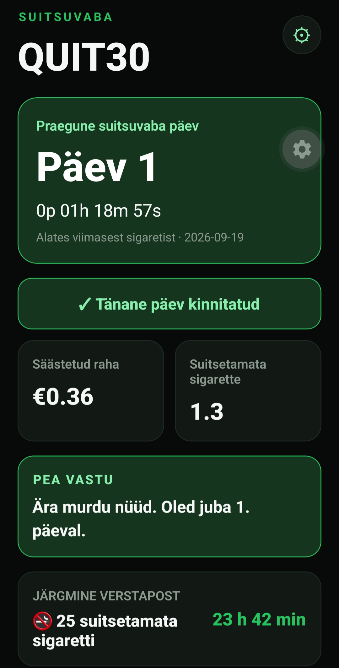QUIT30 äpi ekraanipilt suitsuvaba aja, säästetud raha ja suitsetamata sigarettide statistikaga